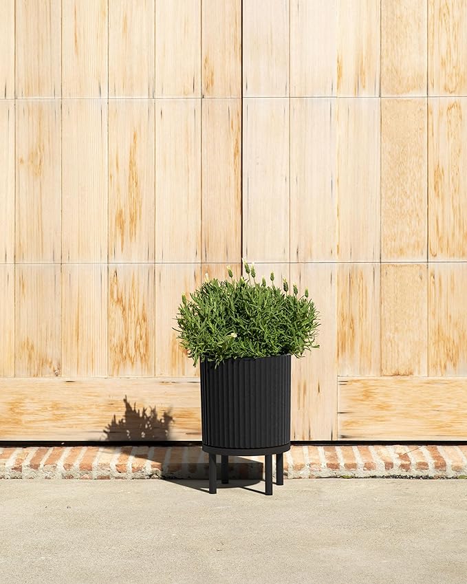 Veradek Demi Series Round Planter w/Stand for Porch/Patio | Durable Plastic-Stone Composite & Wooden Stand | Modern Décor for Tall Plants, Flowers VeradekOutdoor