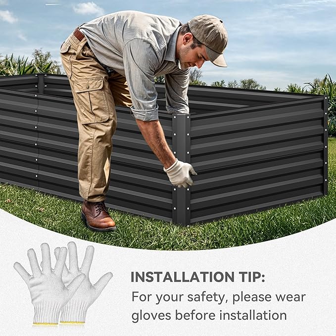 YITAHOME 8x4x2 ft 2pcs Galvanized Raised Garden Bed Kit, Large Metal Planter Box with Gloves, Safety Rubber & Support Rod, Outdoor Flower Bed for Plants Vegetables, Black YITAHOME