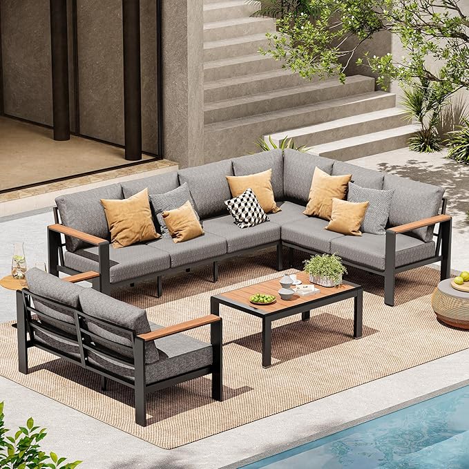 Aluminum Outdoor Patio Furniture Set 8 Seats, Outdoor Sectional Corner Sofa, Patio Conversation Sets with Coffee Table & Washable Thick Cushions, Outdoor Furniture for Backyard, Porch, Gray ComfCove