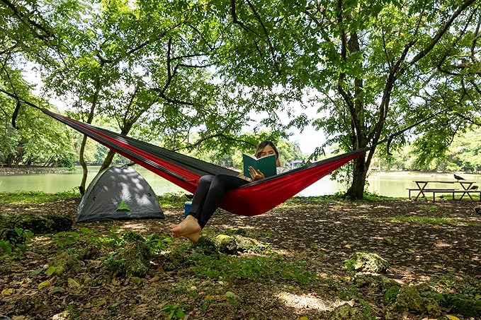 Durable Hammock 400 lb Capacity, Nylon Camping Hammock Chair - Double or Single Sizes w/Tree Straps and Attached Carry Bag - Portable for Travel/Backpacking/Beach/Backyard (Medium, Yellow & Blue) Sewanta