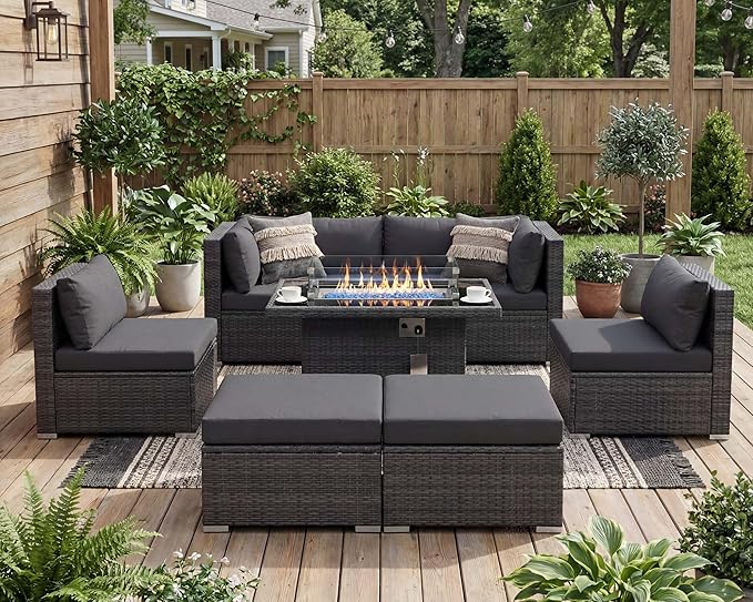 NICESOUL 29.3'' High Backrest Patio Furniture Set with Firepit Table Gas/Propane, Heavy Duty Deep Seating Outdoor Sectional Sofa Sets, 6 Seater Modern Luxury Extra Large Wicker Conversations, Gray NICESOUL
