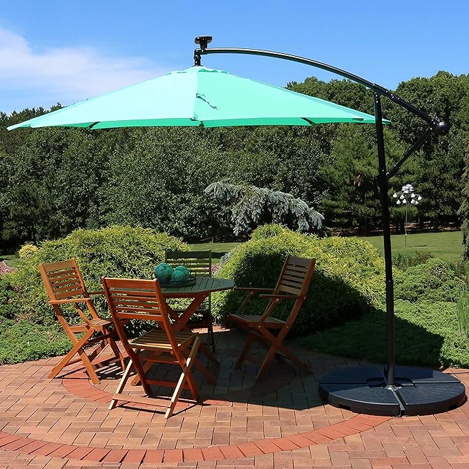 Sunnydaze 10' Solar Offset Patio Umbrella - Solar Cantilever Umbrella Outdoor with LED Lights - Polyester Shade, Air Vent, & Cross Base SunnydazeDecor