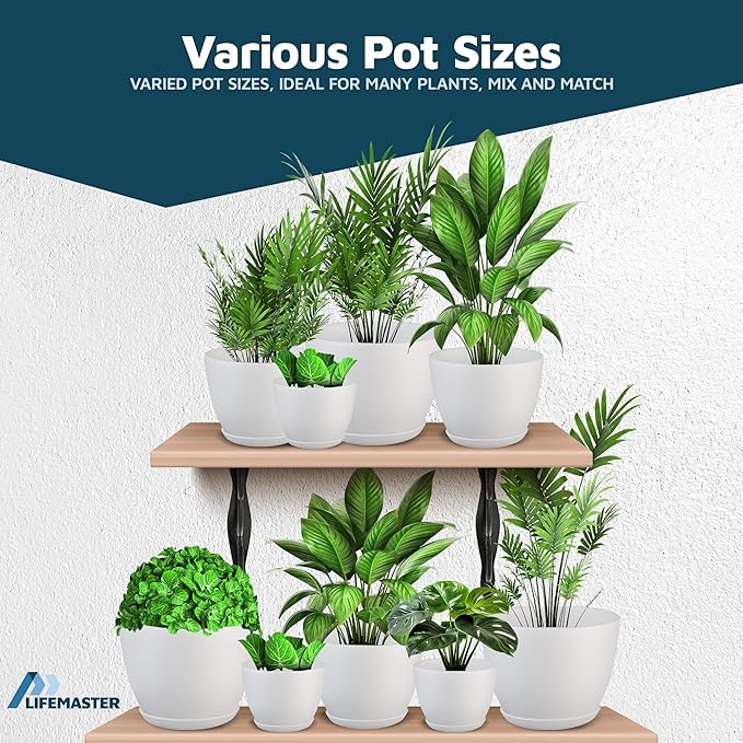 Lifemaster Eco Friendly Plant Pot Set - 10-Pack Home Decor Flower Indoor and Outdoor Plastic Pots with Drainage Holes, Assorted Sizes (7", 6.6", 6", 5.3", 4.8") - Stackable Garden Versatile Planters LIFEMASTER