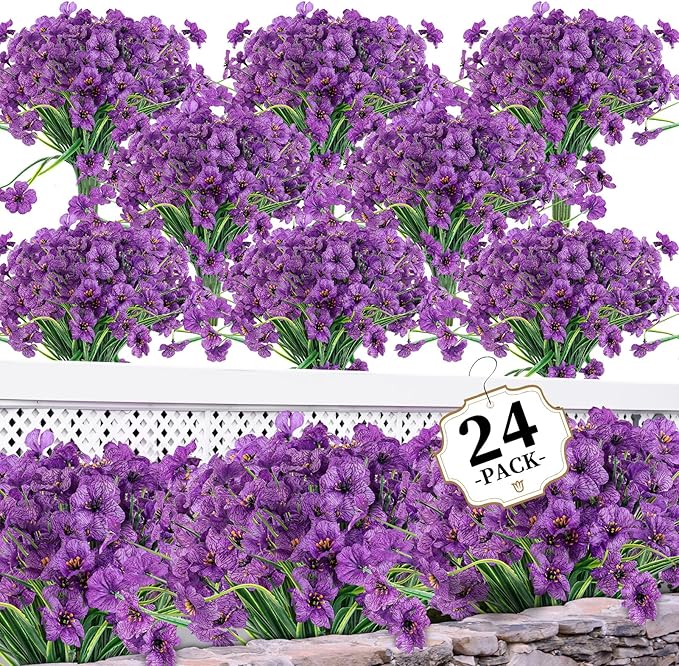 24 Purple Bundles Artificial Flowers for Outdoors/Indoors Fake Flowers Plants for Indoor Outside Garden Porch Window Box Home Wedding Farmhouse ColoPlay
