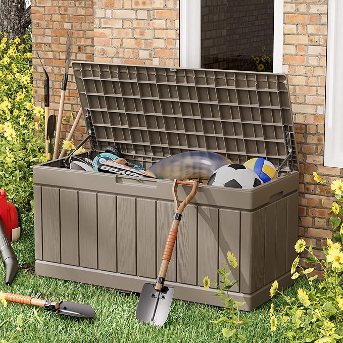 Greesum 82 Gallon Resin Deck Box All Weather Large Outdoor Storage for Patio Furniture, Toys, Garden Tools, Lockable, Light Coffee BuynowfromGreesum