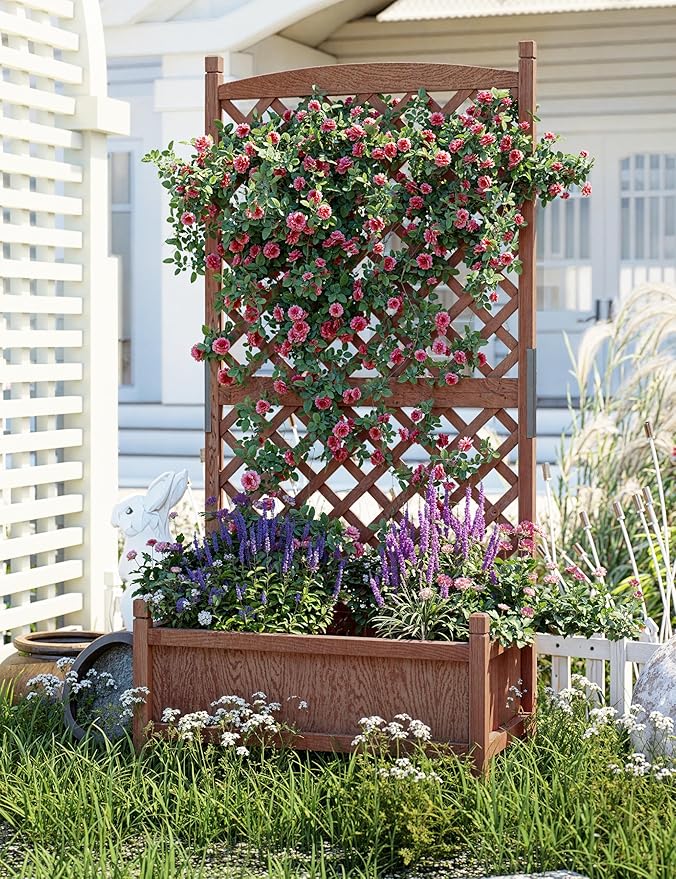 GarveeLife 2-Pack Tall Wood Planter Box with Trellis, 61.5" H Raised Garden Bed on Wheels, Vertical Stand Planter with Drainage Holes for Patio, Balcony & Outdoor Garden GarveeLife