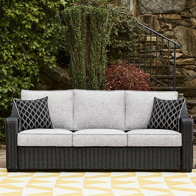 Signature Design by Ashley Beachcroft Casual Nuvella Weather Resistant Fabric Outdoor/Indoor Sofa with Cushion and 2 Toss Pillows, Black & Light Gray SignatureDesignbyAshley