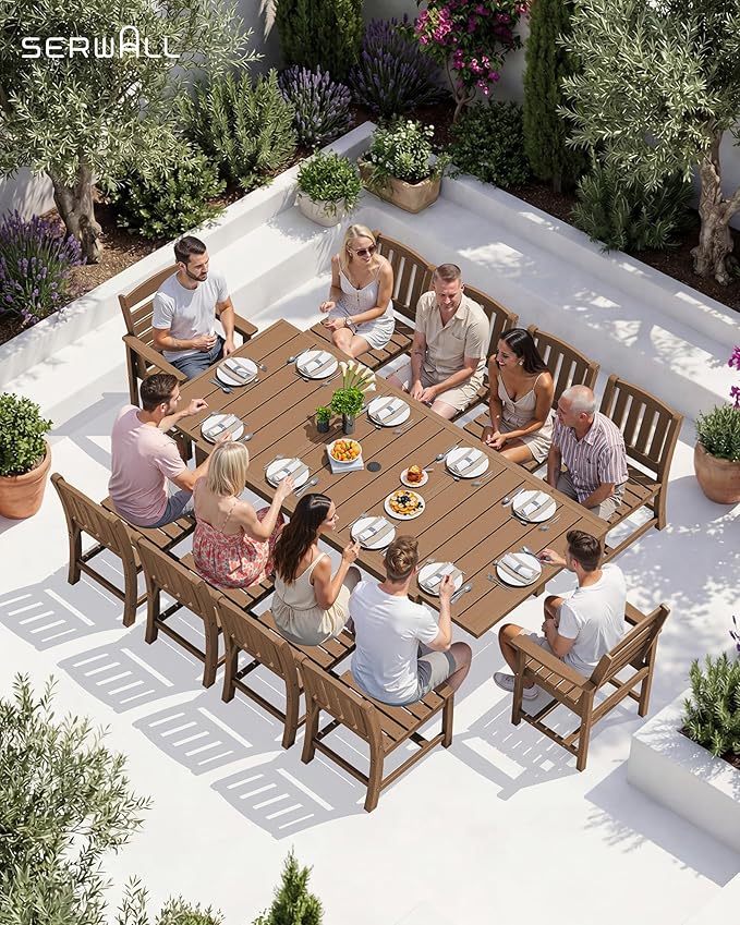 SERWALL Outdoor Expandable Dining Table 60" - 83", Patio Dining Table for 4-10 People, All Weather HDPE and Aluminum Outdoor Furniture for Backyard, Garden, Brown SERWALL