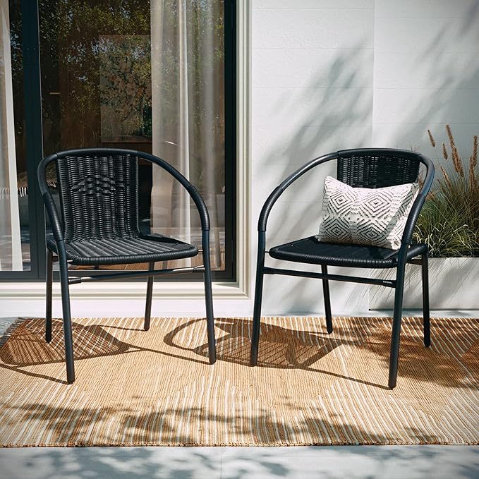 EMMA + OLIVER Set of 2 Modern Rattan Indoor/Outdoor Stack Chairs, Stacking Rattan Patio Chairs with Curved Back and Cross Bracing, Black EMMAOLIVER