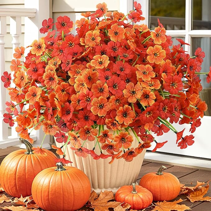 MACTING 24 Bundles Artificial Fall Flowers for Outdoors Faux Mums Outdoor Plants UV Resistant Fake Silk Flowers for Planters Patio Garden Porch Indoor Outside Autumn Thanksgiving Decor,Orange & Red MACTING