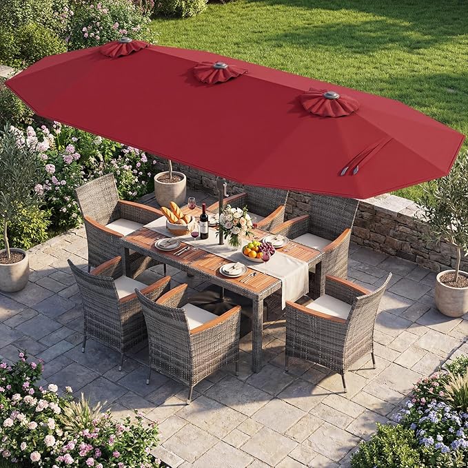 Tangkula 9 Piece Rattan Outdoor Dining Set with 13Ft Umbrella for 6, Outdoor Wicker Table Set with 6 Cushioned Armchairs, Acacia Wood Top, Outdoor Umbrella & with Base Included TANGKULA