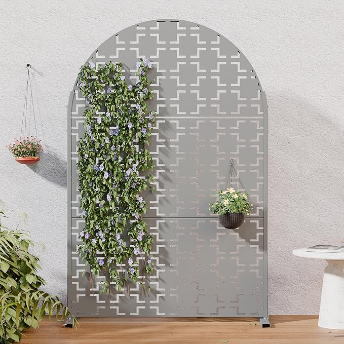 Casaphoria 72" H x 47" W Arched Metal Privacy Screen - Elegant Freestanding Outdoor Screen for Deck, Patio & Balcony - Versatile Decorative Privacy Panels for Home & Garden Use (Grey-Square) Casaphoria