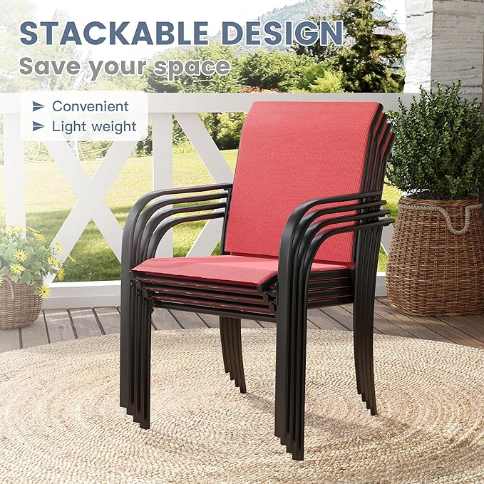 VICLLAX 5 Pieces Patio Dining Set for 4, Outdoor Furniture Set Includes 40.7" Round Patio Table and 4 Patio Stackable Chairs, Black Tabletop and Red Fabric HOME