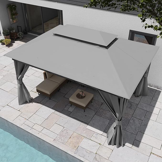 LAUSAINT HOME Semi-Permanent Outdoor Patio Gazebo 10'x13', Heavy Duty Party Tent Shelter with Double Roofs, Mosquito Nettings and Privacy Screens for Backyard, Garden, Lawn, Gray LAUSAINTHOME