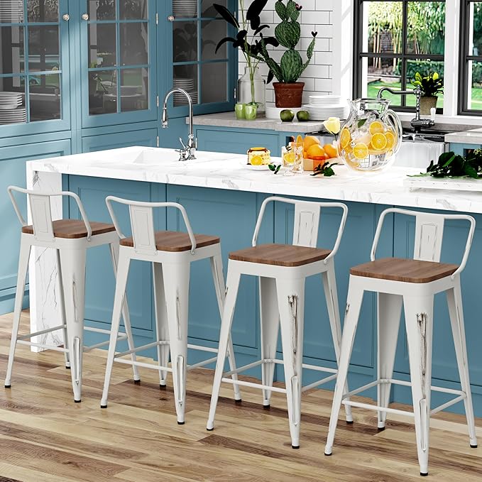WENTMENT Bar Stools Set of 4 Counter Height Bar Stools Metal Barstools with Removable Back 30" Kitchen Bar Stools with Wooden Seat, Distressed White WENTMENT