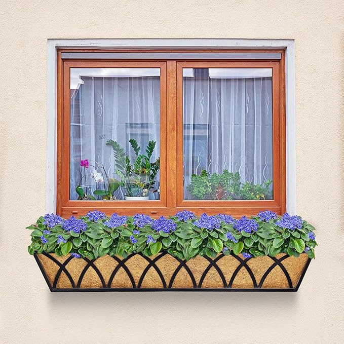6pcs 30 Inch Window Deck with Coco Liner, 30" Window Boxes Horse Trough with Coconut Coir Liner, Metal Hanging Flower Planter Window Basket Deck Railing Planter Boxes for Outdoor Indoor Lawn LAWYAMAI
