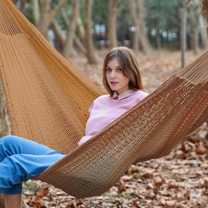 PNAEUT Handwoven Mayan Hammock, Thick Soft Rope Double Hammock for Outdoor Outside & Indoor, 600 lbs Capacity Heavy-Duty, Includes Tree Straps, Carabiners & Carrying Bag (Desert, X-Large) PNAEUT