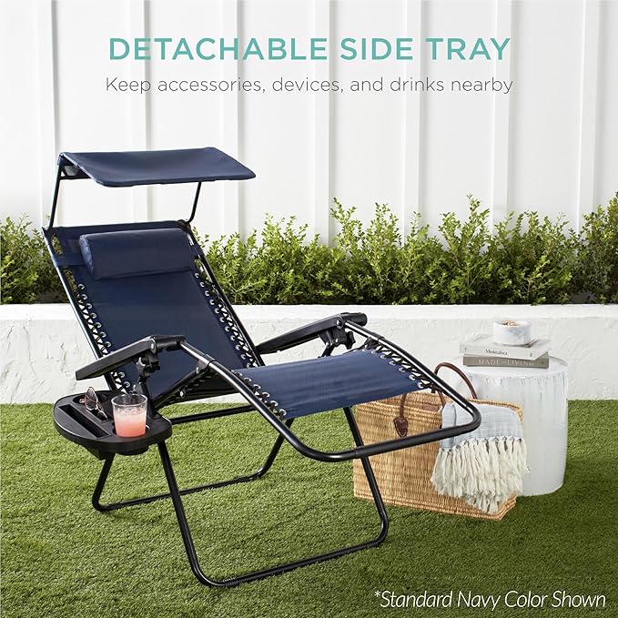 Best Choice Products 30” Wide Folding Zero Gravity Outdoor Recliner Patio Lounge Chair w/Adjustable Canopy Shade, Headrest, Side Accessory Tray - Black BestChoiceProducts