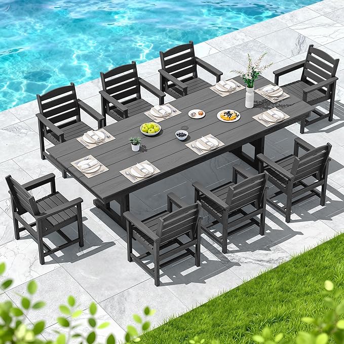 SERWALL 9 Piece Outdoor Dining Set, 84" HDPE Outdoor Table and Chairs for 8，All Weather Patio Furniture Set with Umbrella Hole for Backyard, Garden, Black SERWALL