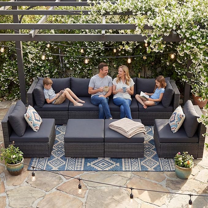 NICESOUL 8 Seater Modern Luxury Outdoor Furniture Set, Extra Large PE Wicker Patio Modular Sectional Sofa with Ottoman, 29.3'' High Back L-Shaped All-Weather Conversations, Deep Seated Grey Color NICESOUL