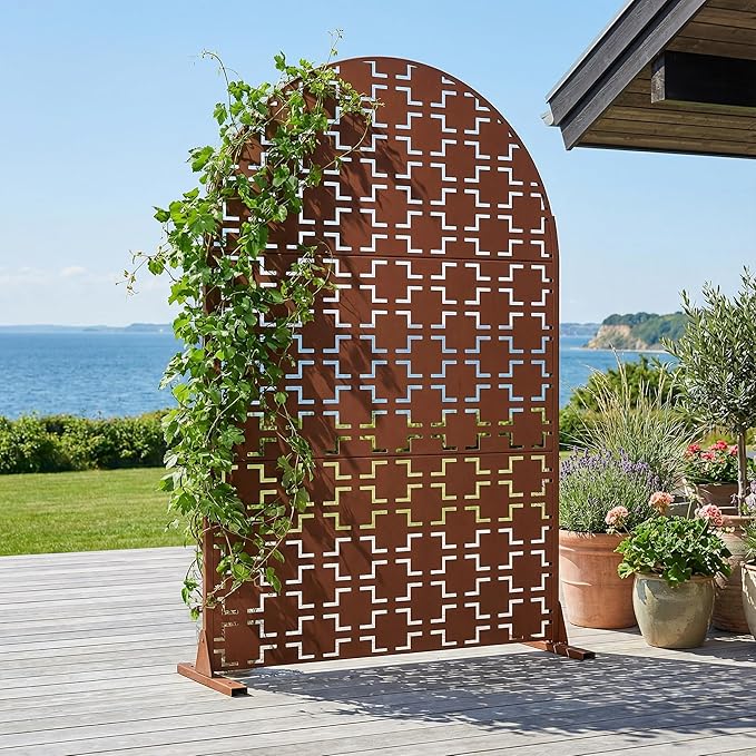 Casaphoria 72" H x 47" W Arched Metal Privacy Screen - Elegant Freestanding Outdoor Screen for Deck, Patio & Balcony - Versatile Decorative Privacy Panels for Home & Garden Use (Brown-Square) Casaphoria