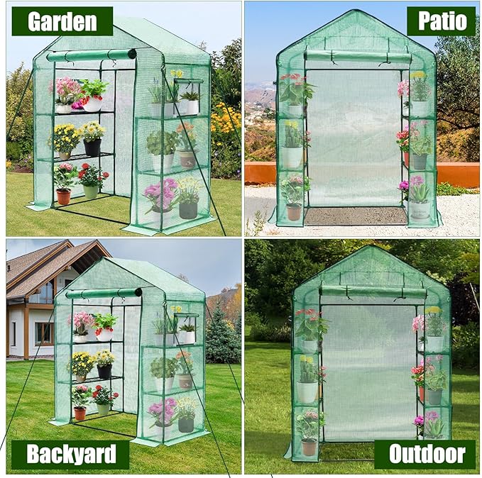 Greengro Greenhouse, 28 x 57 x 76'' Greenhouses for Outdoors, Small Plant Green House with Screen Windows, 3 Tiers 4 Shelves, Durable PE Cover, Plastic Portable Walk in Greenhouses for Outside Indoor Greengro