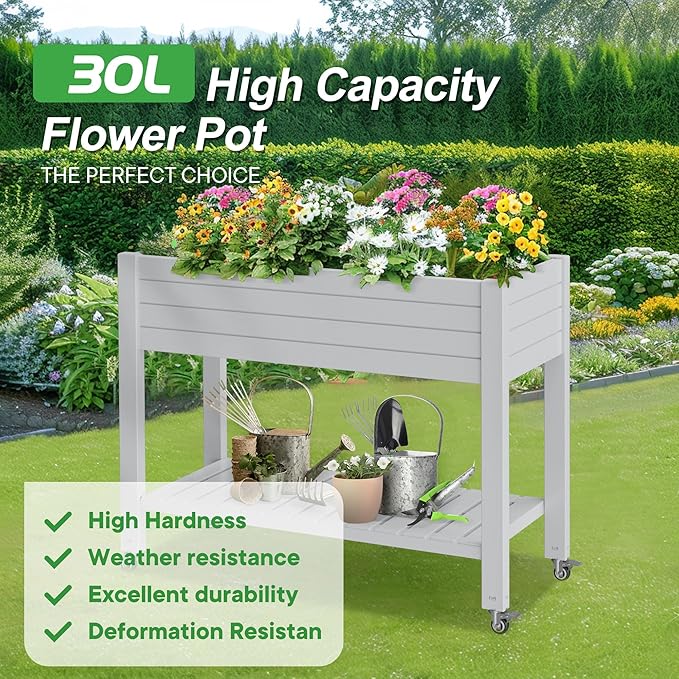 Raised Garden Bed with Legs, 33.66" Tall Self-Watering Resin Planter Box with Lockable Wheels Drainage Plug and Gauge for Vegetables, Flowers, Storage Shelf for Tools and Accessories (Ashen) OutdoorLivingPerfected