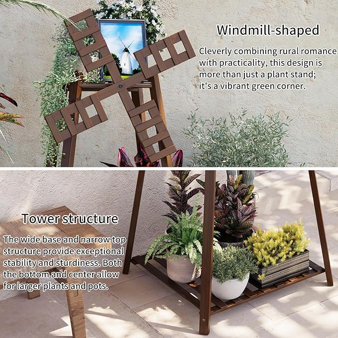 COPREE 3-Tier Tower Plant Stand Display Rack with Windmill Top,Bamboo Vintage Flower Pot Holder Shelf for Patio Balcony Decoration COPREE