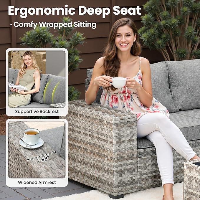 ovios 6 Pieces Patio Furniture Set, Outdoor Wicker Sectional Sofa with Glass Table Comfy Cushions, Modern Modular Deep Seat Couch Rattan Conversation Set, Dark Grey OVIOS