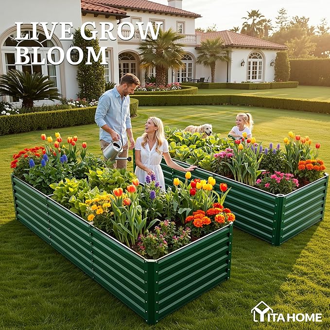 YITAHOME 4pcs 8x4x2 ft Galvanized Raised Garden Bed Kit, Large Metal Planter Box with Gloves, Safety Rubber & Support Rod, Outdoor Flower Bed for Plants Vegetables, Green YITAHOME