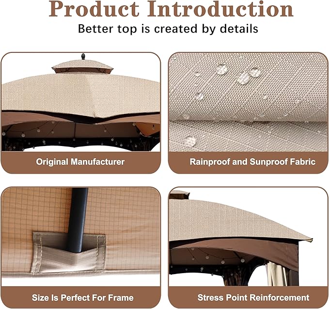 SCOCANOPY Light Beige Ripstop Replacement Top for Lowe's Allen Roth 10X12 Gazebo Model #GF-12S004B-1/ GF-12S004BTO SCOCANOPY
