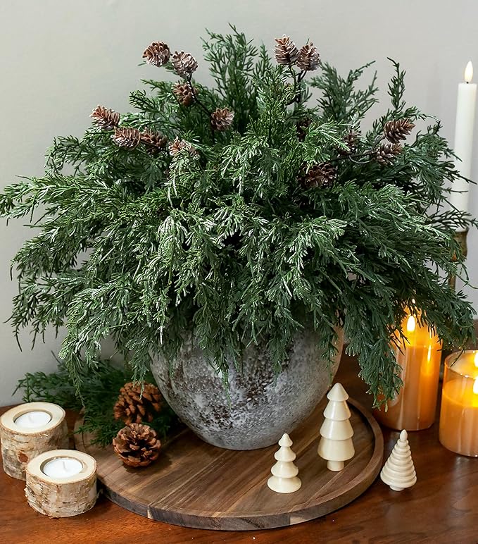 Faux Cedar Stems Artificial Norfolk Pine Branches for Christmas Decor, 12 PCS Fake Pine Stems with 2 PCS Pine Cones Branches Real Touch Realistic Faux Greenery for Vases DIY Garland Xmas Table Indoor Ivydale