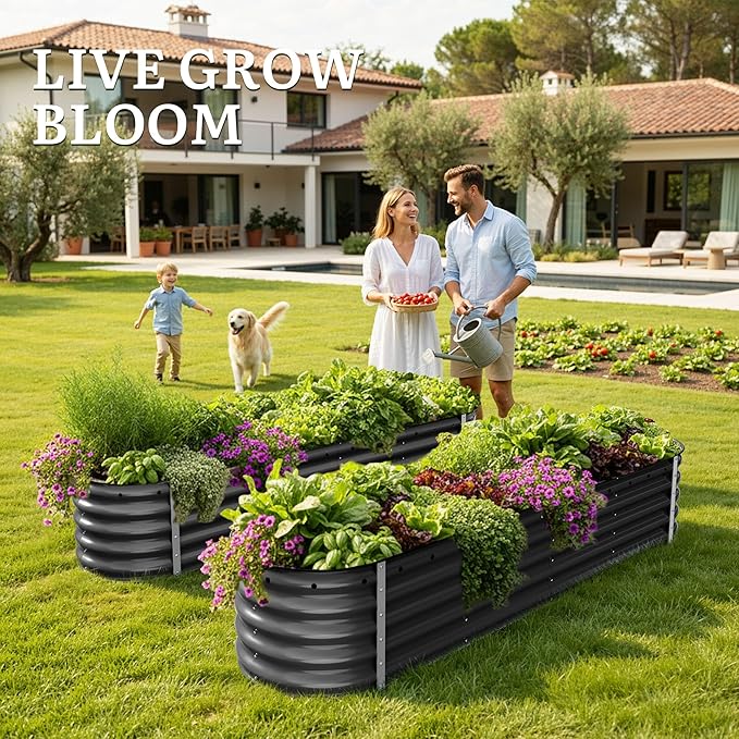 YITAHOME 17" Tall 9 in 1 Large Raised Garden Bed Kit, 8x2x1.4ft Galvanized Metal Planter Box with Gloves & Safety, Outdoor Above Ground Planters for Plants Vegetables Flowers, Black YITAHOME