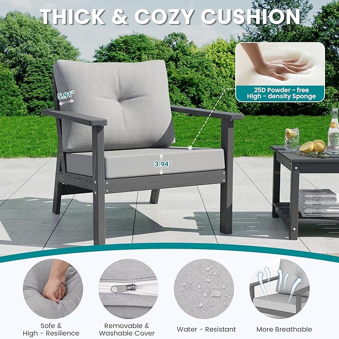 6-Piece HDPE Patio Furniture Set, Outdoor Sectional Sofa Set,All Weather Outdoor Couch with Dust-Free Cushions, Durable Patio Conversation Sets for Balcony, Porch, Gray Rootora