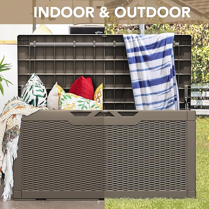 Devoko 100 Gallon Waterproof Large Resin Deck Box Indoor Outdoor Lockable Storage Container for Patio Furniture Cushions Garden Tools (100 Gallon, Light Brown) DEVOKO