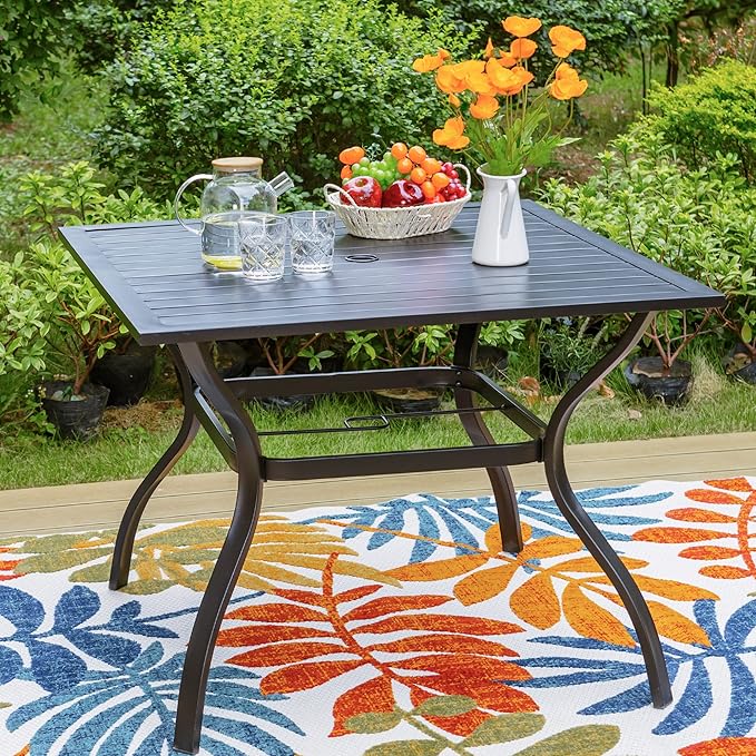 PHI VILLA 37" Patio Table for 4, Metal Outdoor Dining Table with E-Coating, Square Steel Slated Outdoor Table with 1.57" Umbrella Hole for Garden Backyard, Black PHIVILLAThepioneerofcomfortablehouseholdsupplies