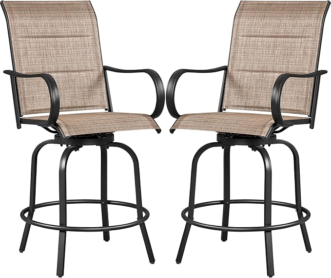 Yaheetech 2 Piece Patio Swivel Bar Stools Texteline Bistro Chairs with High Back/Armrest/Footrest, All Weather Padded Seating Outdoor Furniture Chairs for Outside, Lawn & Garden?Black/Brown Yaheetech