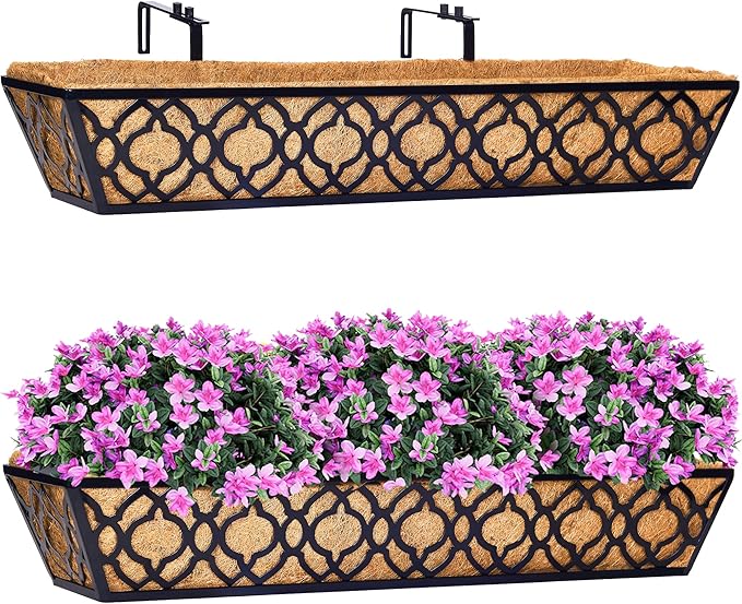HFHOME 2 Pcs 30" Window Box Deck Railing Planter with Horse Trough Coco Liners, Black Metal Hanging Flower Planters Baskets for Indoor, Outdoor, Balcony, Porch, Fence, Patio, and Lawn HFHOME