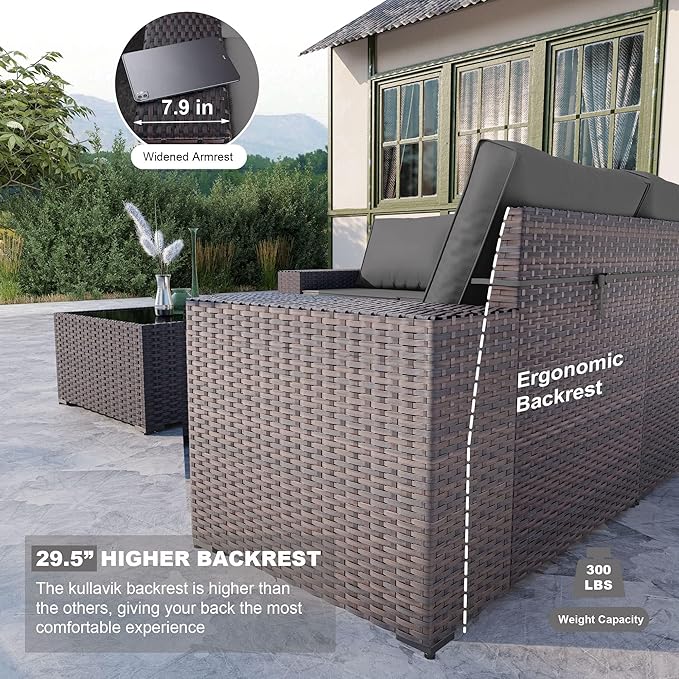 Kullavik 9 Pieces Outdoor Patio Furniture Set,PE Wicker Rattan Sectional Sofa Patio Conversation Sets with Swivel Rocking Chairs Set,Grey KULLAVIK