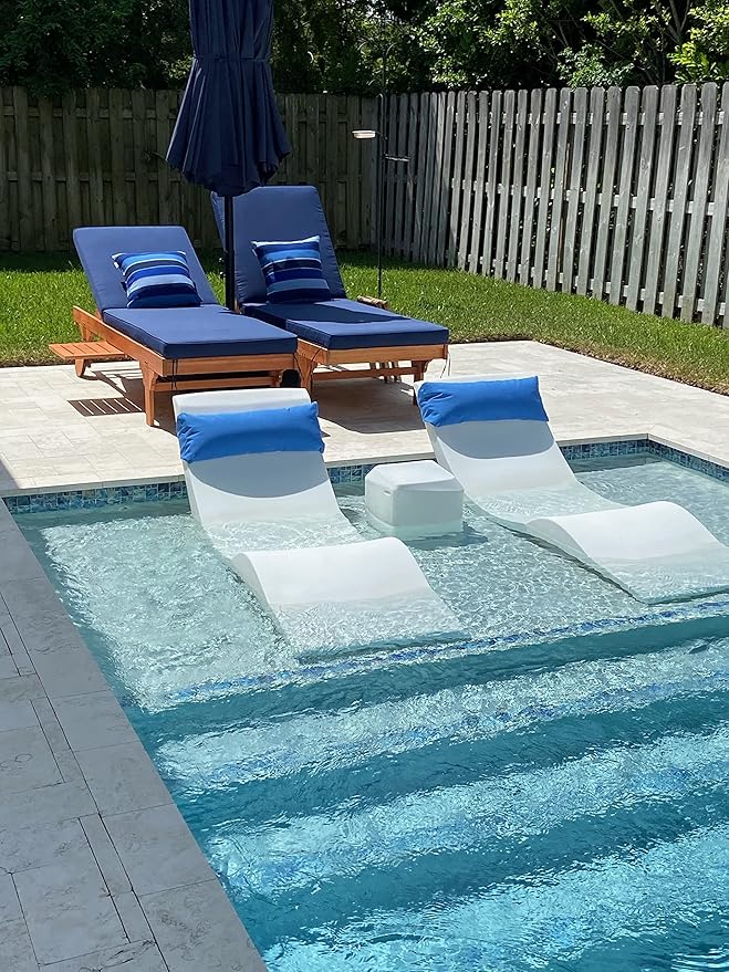 Classic White-Blue - in-Pool Chaise Set – Includes Two Chaises, Two Headrest Pillows, and One Poolside Table – for Ledges Up to 9” - Aqua Outdoors AquaOutdoors