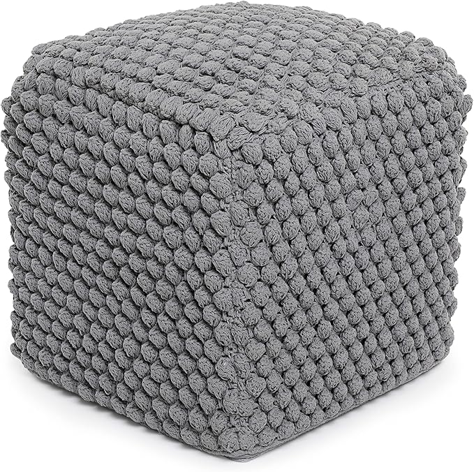 BIRDROCK HOME Buds Pouf Foot Stool Ottoman - Knit Bean Bag Floor Chair - Cotton Braided Cord - Great for The Living Room, Bedroom and Kids Room - Small Furniture (Grey - Buds) BIRDROCKHOME