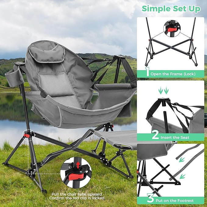 Ainfox Hammock Camping Chair with Footrest, Foldable Portable Rocking Chairs for Adults Outside Swinging Camp with Cup Holder Pillow for Outdoor Patio Poolside (Light Grey) Ainfox