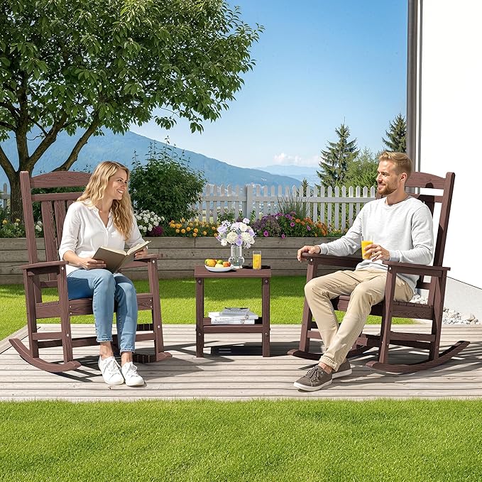 SERWALL HDPE Outdoor Rocking Chair Set of 2, Oversized Patio Rocking Chairs, All-Weather Porch Rockers for Adults, Coffee SERWALL