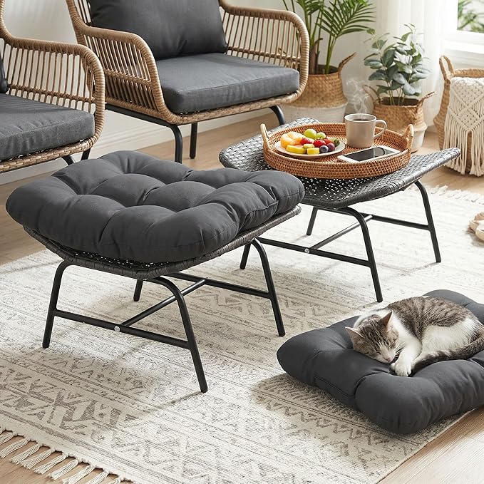 NICESOUL Indoor Outdoor Ottoman Set of 2, Large Wide Double Patio Footstool, PE Rattan Thicken Cushioned Footrest, All-Weather Wicker Furniture for Balcony, Porch, Living Room, Egg Chair, Grey NICESOUL