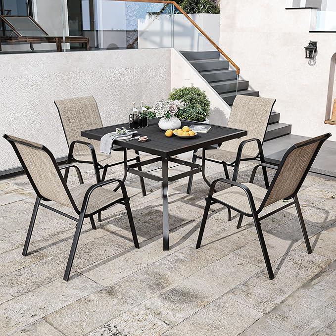Patio Chairs Set of 4, Stackable Outdoor Dining Chairs for All Weather Textilene Fabric & Metal Frame, Outdoor Chairs Set for Backyard Deck Garden (Brown, Set of 4) Vimstora