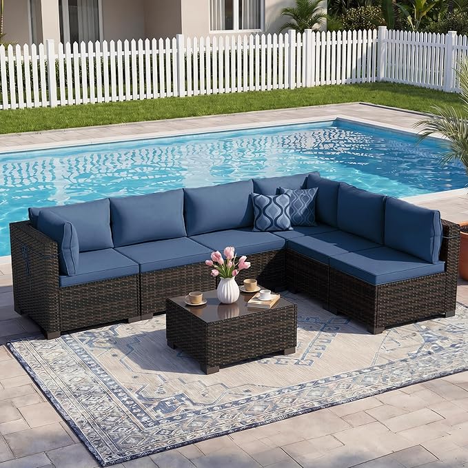 LEVELEVE 7 Pieces Outdoor Patio Furniture Sets,Rattan Conversation Sectional Set,Manual Weaving Wicker Patio Sofa with Tea Table Enjoyyourlife