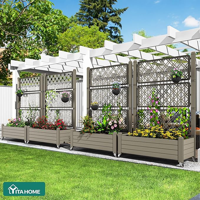 YITAHOME 3.6x1.5x5 FT Planter Box Trellis with Wheels, Large Outdoor Plastic Raised Garden Bed with Drain Plug for Climbing Plants, Light Brown YITAHOME