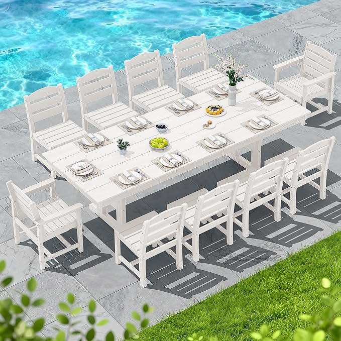 SERWALL 11 Piece Outdoor Dining Set, 84" HDPE Outdoor Table and Chairs for 10，All Weather Patio Furniture Set with Umbrella Hole for Backyard, Garden, White SERWALL