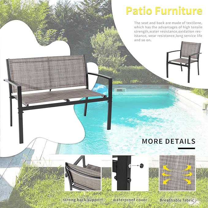 Shintenchi 4 Pieces Patio Furniture Set All Weather Textile Fabric Outdoor Conversation Set, with Glass Coffee Table, Loveseat, 2 Single Chairs for Home, Garden, Lawn, Porch（Light Brown） Shintenchi