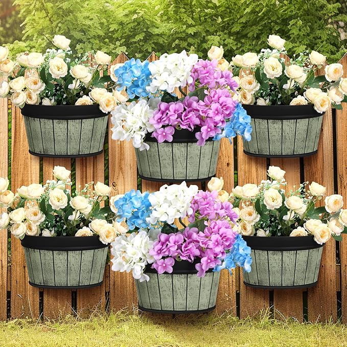 Layhit 6 Pcs Wall Hanging Planters Outdoor Pot Planter Wine Barrel Planter Distressed Oak Thickened Plastic Water Storage Flower Pots for Flower Indoor Outdoor(10 Inches,Grey Green, Brown, Black) ShungLan